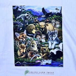 Vintage Wildlife T-Shirt White Short Sleeve Animal Cotton Tee size Large Y2K Top